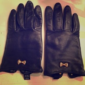 Ted Baker Black Leather Gloves w gold bows!